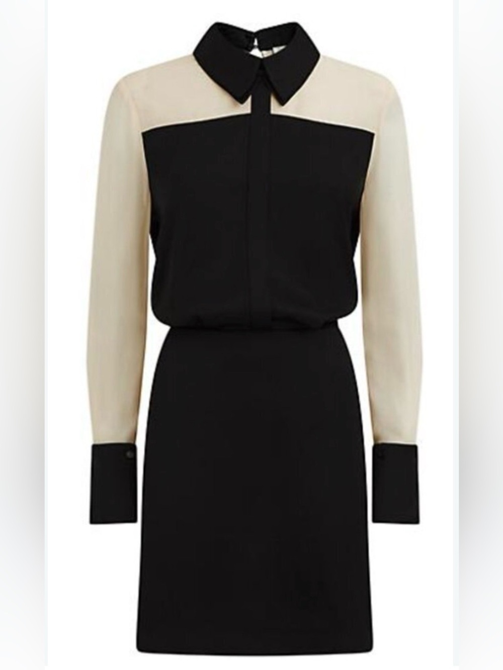 Reiss Veneto Color Blocked Cocktail Dress, black satin and beige with sheer slee